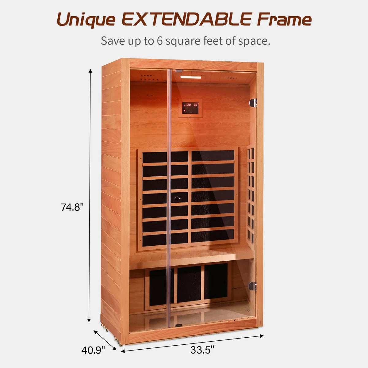1 Person Extendable FAR Infrared Sauna for Home, Hemlock Wood Low EMF 6 Carbon Heaters Indoor Saunas with LED Lights, Bluetooth Speaker, Digital Control Panel, and Seating Bench — product view 11