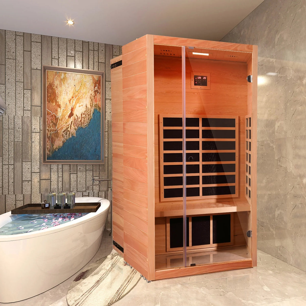 1 Person Extendable FAR Infrared Sauna for Home, Hemlock Wood Low EMF 6 Carbon Heaters Indoor Saunas with LED Lights, Bluetooth Speaker, Digital Control Panel, and Seating Bench — product view 3