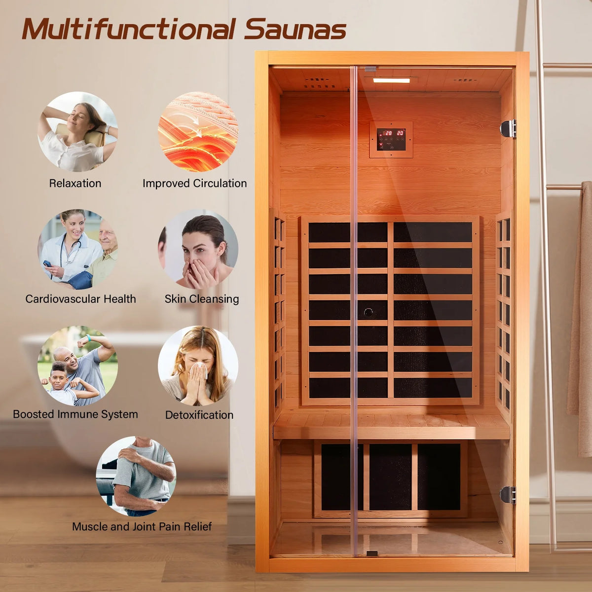 1 Person Extendable FAR Infrared Sauna for Home, Hemlock Wood Low EMF 6 Carbon Heaters Indoor Saunas with LED Lights, Bluetooth Speaker, Digital Control Panel, and Seating Bench — product view 4