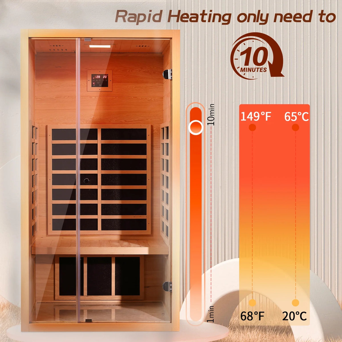 1 Person Extendable FAR Infrared Sauna for Home, Hemlock Wood Low EMF 6 Carbon Heaters Indoor Saunas with LED Lights, Bluetooth Speaker, Digital Control Panel, and Seating Bench — product view 8