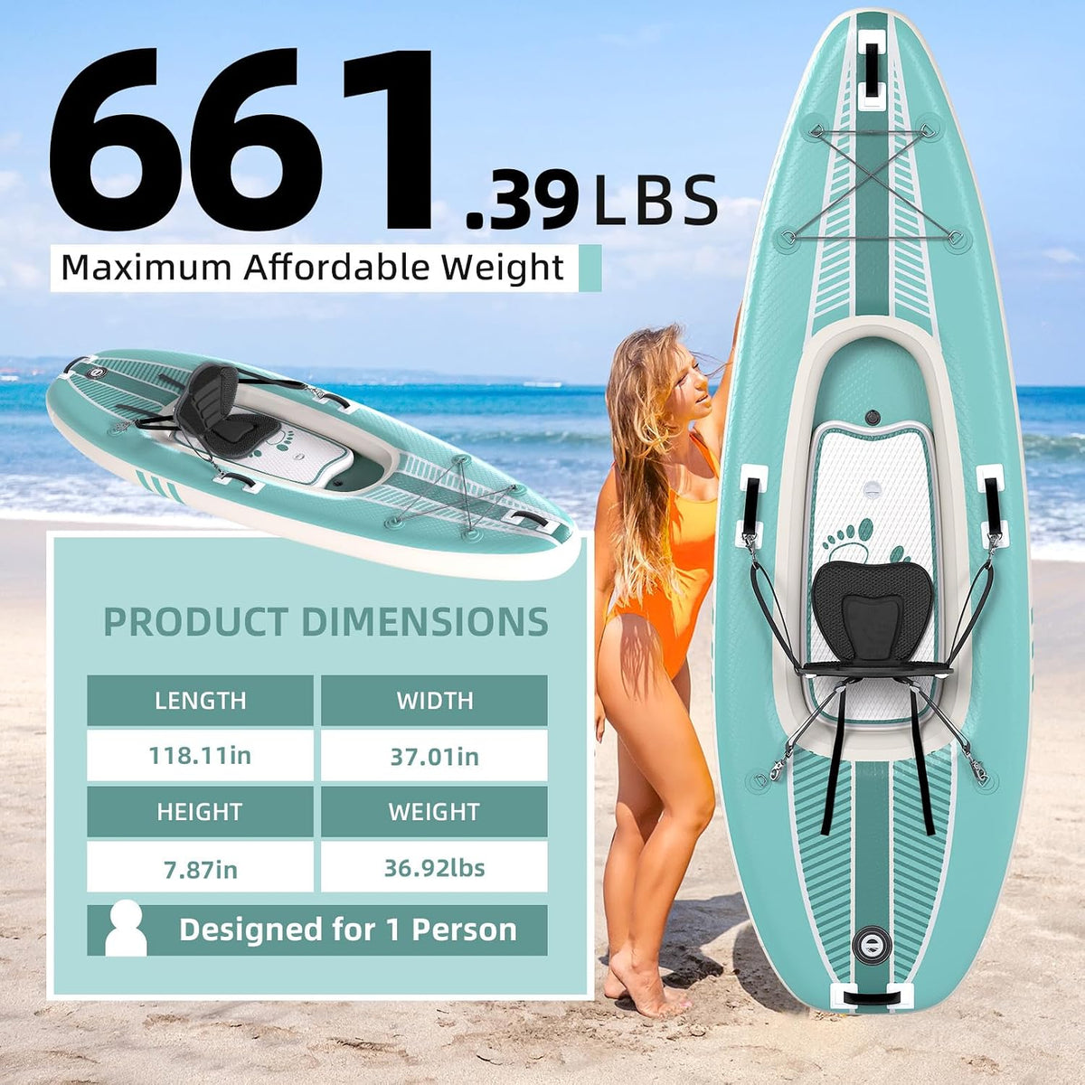 1-Person Inflatable Kayak with Drop-Stitch Floor, Lightweight, Portable, Durable Solo Kayak for Fishing, Touring, and Recreational Paddling, Blue (HIN Included) — product view 3