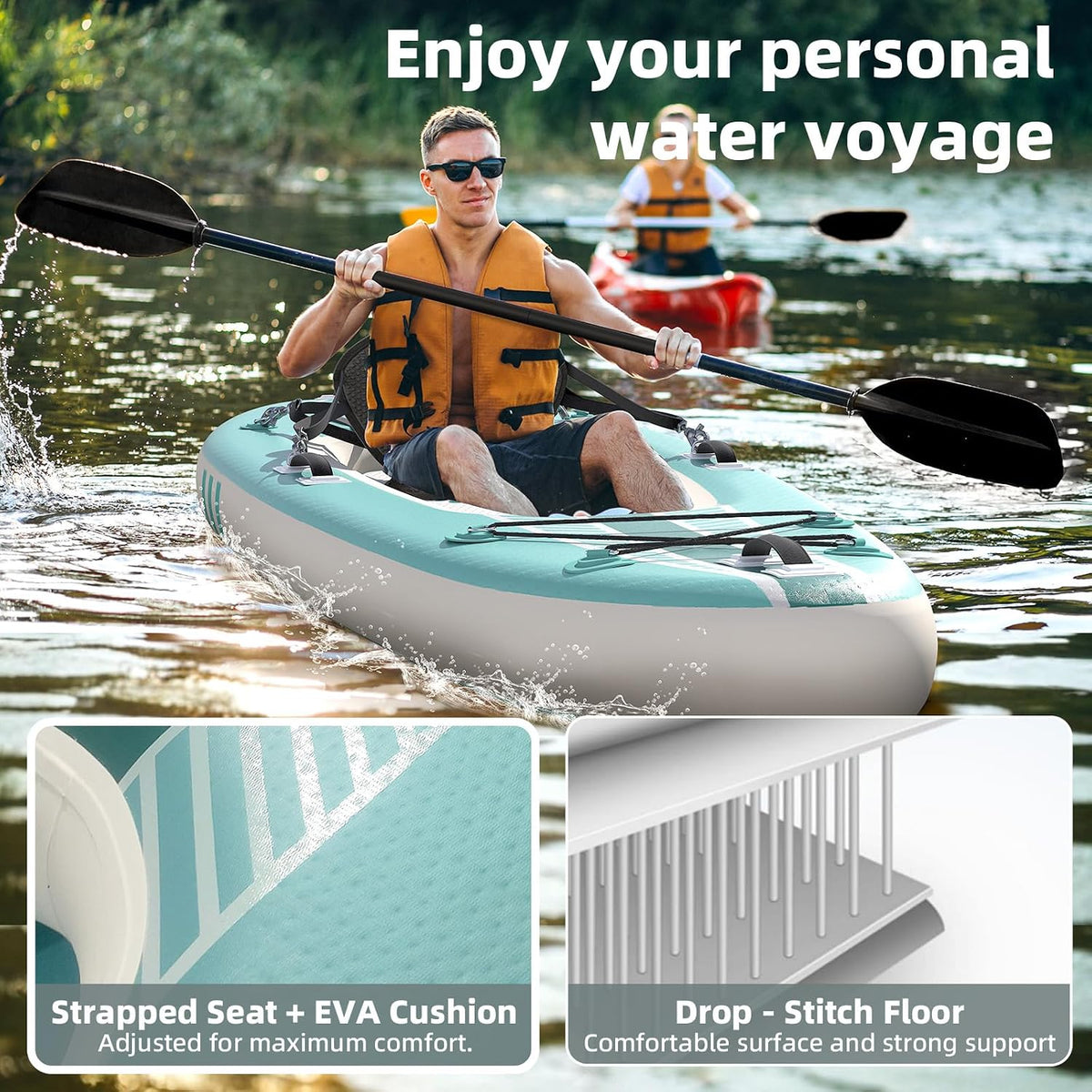 1-Person Inflatable Kayak with Drop-Stitch Floor, Lightweight, Portable, Durable Solo Kayak for Fishing, Touring, and Recreational Paddling, Blue (HIN Included) — product view 7