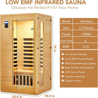 2024 Upgrade 1 to 2 Person Infrared Sauna, Low EMF Infrared Sauna for Home, Indoor Sauna Room, Hemlock Wooden Far Infrared Sauna, Dry Sauna with Bluetooth Speakers, LED Reading and Chromotherapy Lamp — product view 2