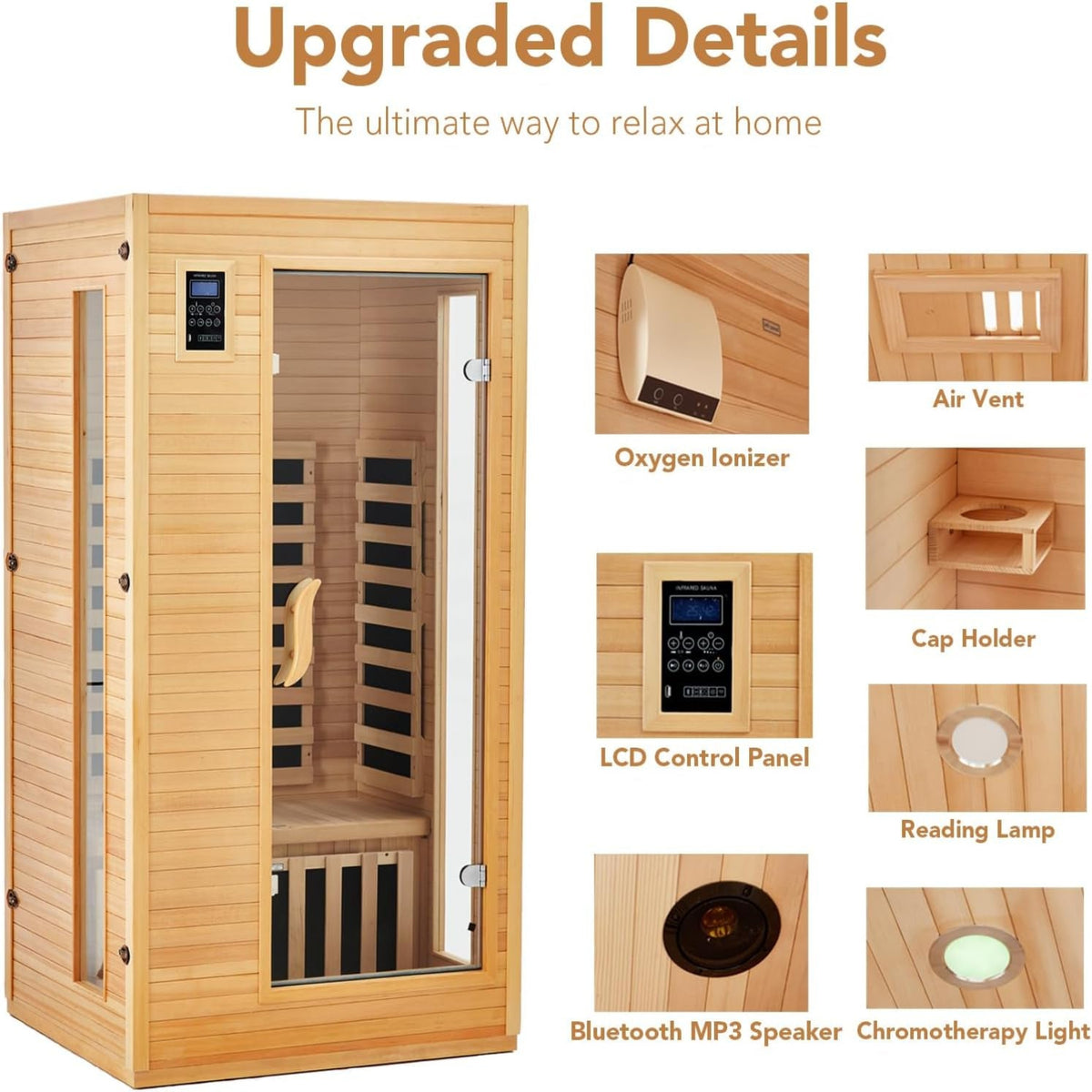 2024 Upgrade 1 to 2 Person Infrared Sauna, Low EMF Infrared Sauna for Home, Indoor Sauna Room, Hemlock Wooden Far Infrared Sauna, Dry Sauna with Bluetooth Speakers, LED Reading and Chromotherapy Lamp — product view 4