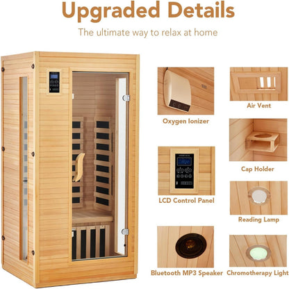 2024 Upgrade 1 to 2 Person Infrared Sauna, Low EMF Infrared Sauna for Home, Indoor Sauna Room, Hemlock Wooden Far Infrared Sauna, Dry Sauna with Bluetooth Speakers, LED Reading and Chromotherapy Lamp — product view 4