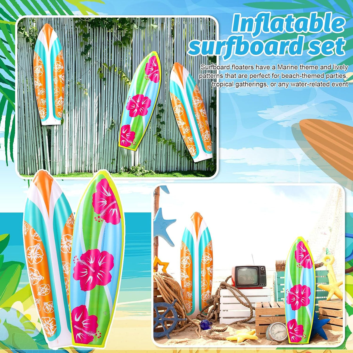 4 Pcs Inflatable Surf Board 36 Inch Inflatable Pool Floats | Luau Hawaiian Party Decorations, Tropical Flower Blow up Surfboard, Pool Summer Beach Party Decoration, Wall Surf Board Prop — product view 4