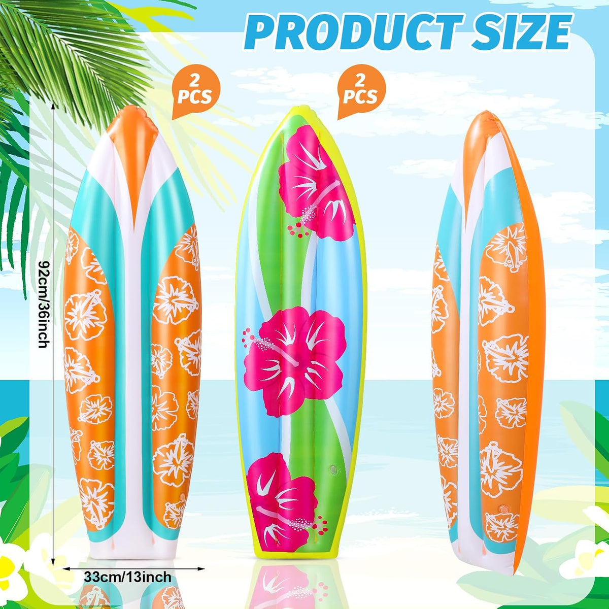4 Pcs Inflatable Surf Board 36 Inch Inflatable Pool Floats | Luau Hawaiian Party Decorations, Tropical Flower Blow up Surfboard, Pool Summer Beach Party Decoration, Wall Surf Board Prop — product view 5