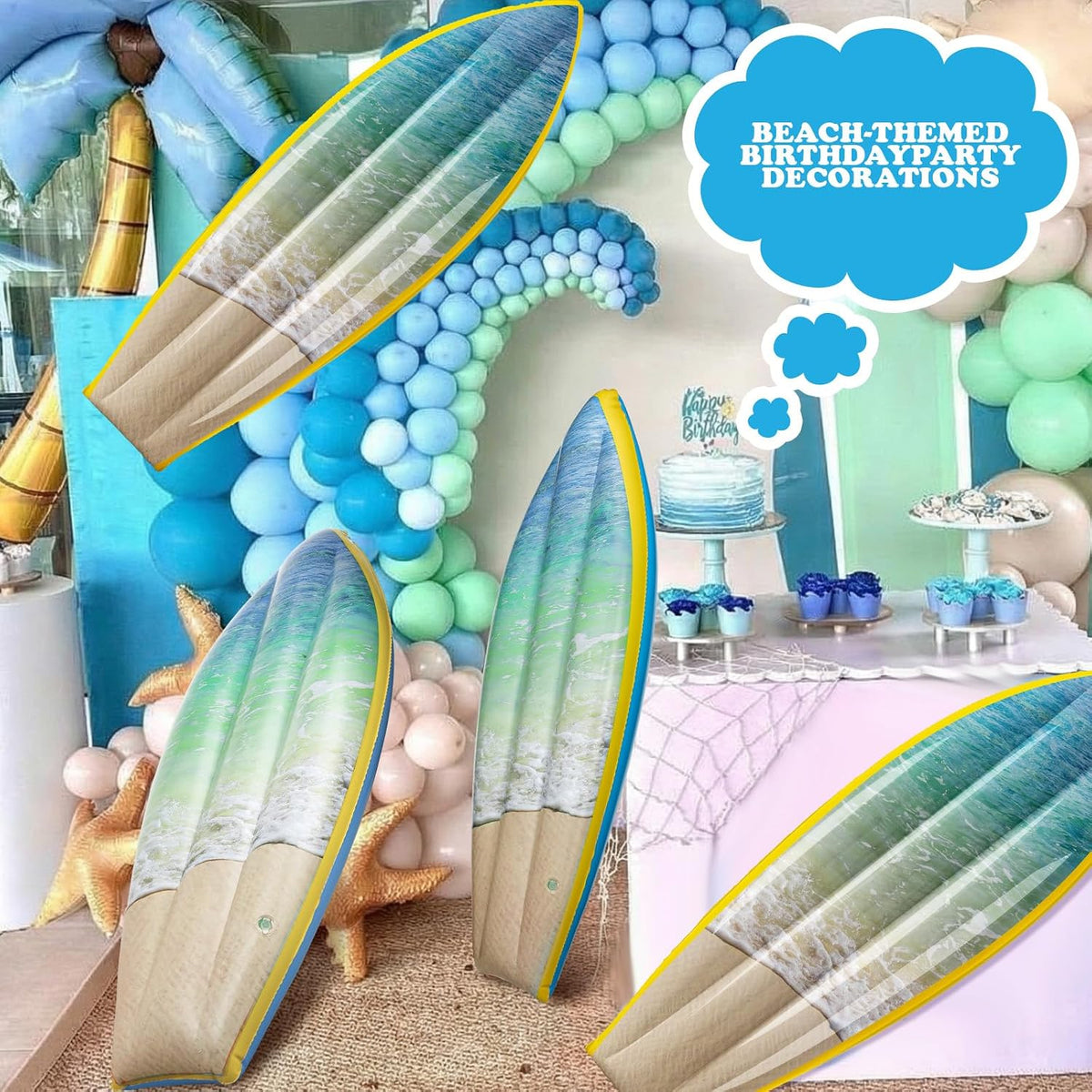 4 Pcs Ocean Waves Inflatable Surf Board 36 in Luau Party Decor | Hawaiian Beach Luau Inflatable Pool Floats, Blow up Surfboard, Wall Summer Beach Ocean Party Decorations — product view 6