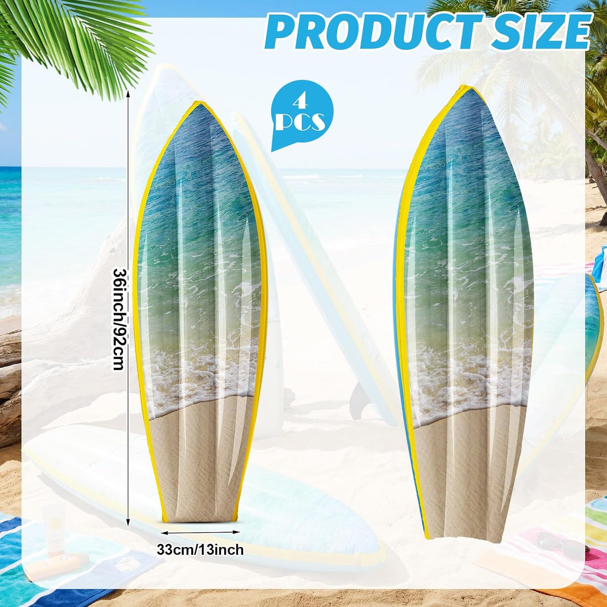 4 Pcs Ocean Waves Inflatable Surf Board 36 in Luau Party Decor | Hawaiian Beach Luau Inflatable Pool Floats, Blow up Surfboard, Wall Summer Beach Ocean Party Decorations — product view 8