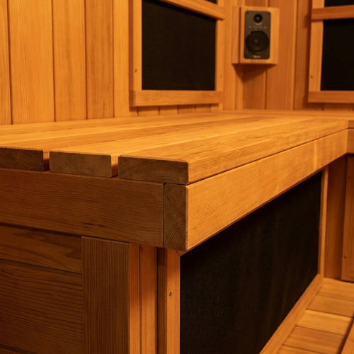 Featured feature 1: Far Infrared Wooden Sauna Room, 2-3 Person Home Sauna Canadian Hemlock Indoor Corner Sauna Spa, 2 Bluetooth Speakers, 2 LED Reading Lamp, 3 Chromotherapy Lights