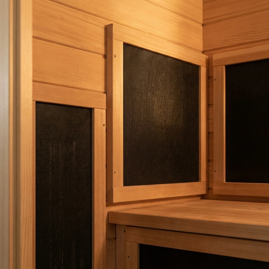 Featured feature 3: Far Infrared Wooden Sauna Room, 2-3 Person Home Sauna Canadian Hemlock Indoor Corner Sauna Spa, 2 Bluetooth Speakers, 2 LED Reading Lamp, 3 Chromotherapy Lights