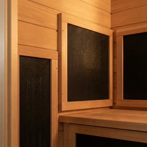 Featured feature 3: Far Infrared Wooden Sauna Room, 2-3 Person Home Sauna Canadian Hemlock Indoor Corner Sauna Spa, 2 Bluetooth Speakers, 2 LED Reading Lamp, 3 Chromotherapy Lights