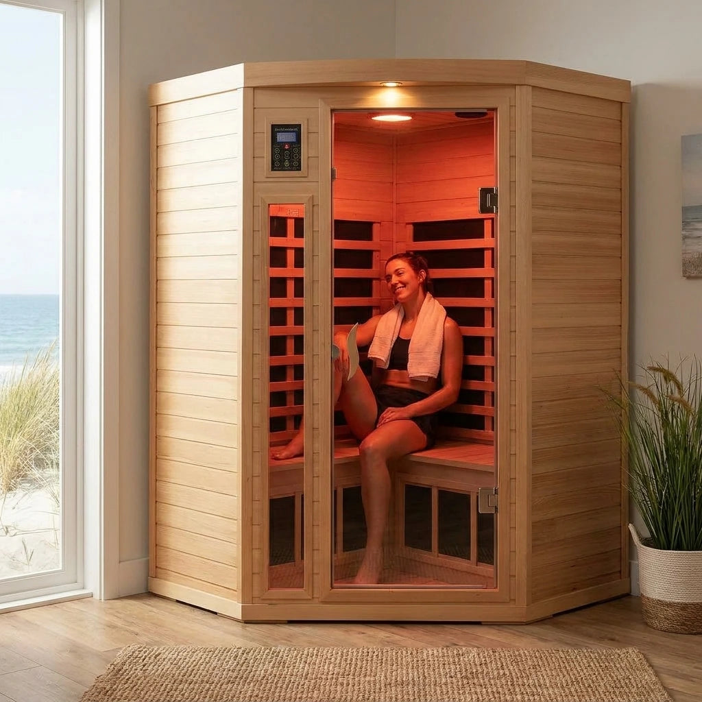 Featured outcome: Far Infrared Wooden Sauna Room, 2-3 Person Home Sauna Canadian Hemlock Indoor Corner Sauna Spa, 2 Bluetooth Speakers, 2 LED Reading Lamp, 3 Chromotherapy Lights