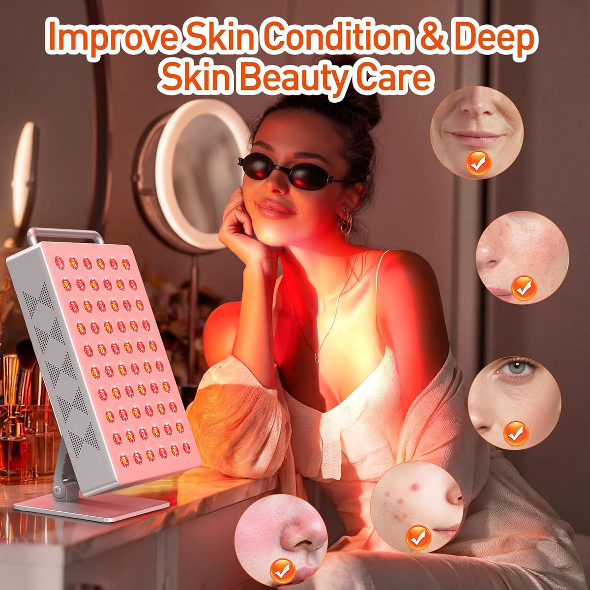 Red Light Therapy Panel 5 Wavelength 60 Dual Chip Leds 630+660+810+830+850Nm Red and near Infrared Lamp Therapy Device 100W with Timer & Stand for Body Pain Relief Face Skin Health Sleep White — product view 3